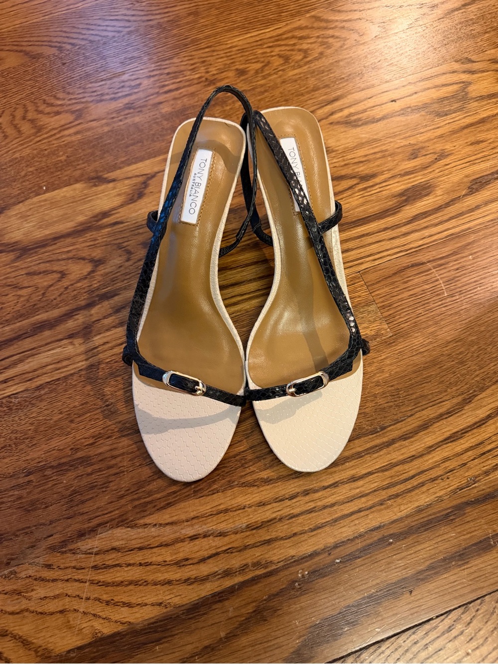 Tony Bianco Two-Tone Slingback Sandals in Cream and Black with Gold Buckle
